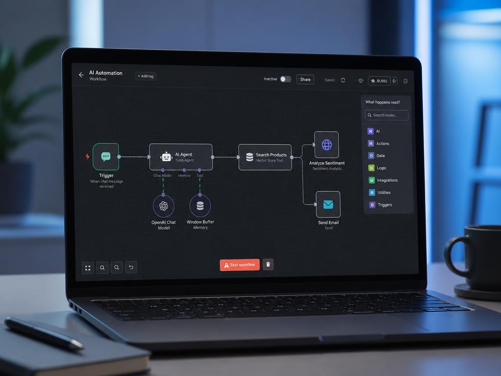 Fluxo de automação com IA num ecrã de computador