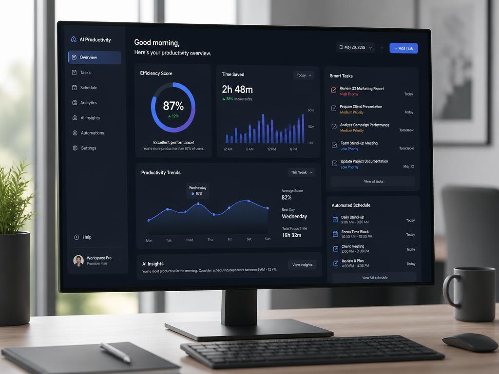 Dashboard de produtividade com IA num monitor de computador